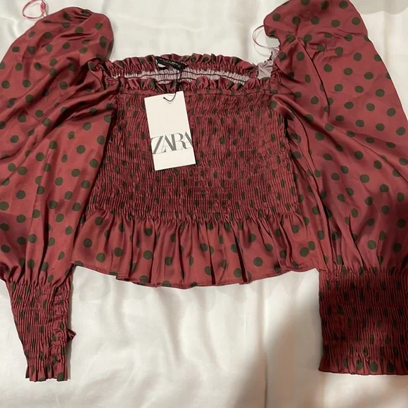 NWT Zara Satin Burgundy Red & Green Polka Dot Smocked Puff Sleeve Top in size M - Picture 5 of 10